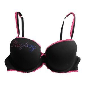 Y2k Playboy Intimates Underwire Black Pink Push Up Bra Ruffle Spell out Sz 36C‎
